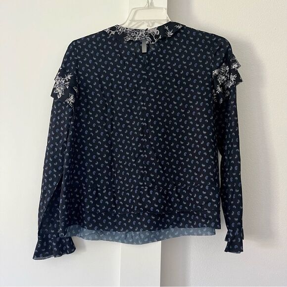 Jason Wu Paisley Ruffle Top Navy Satin sz 4 - Picture 7 of 9